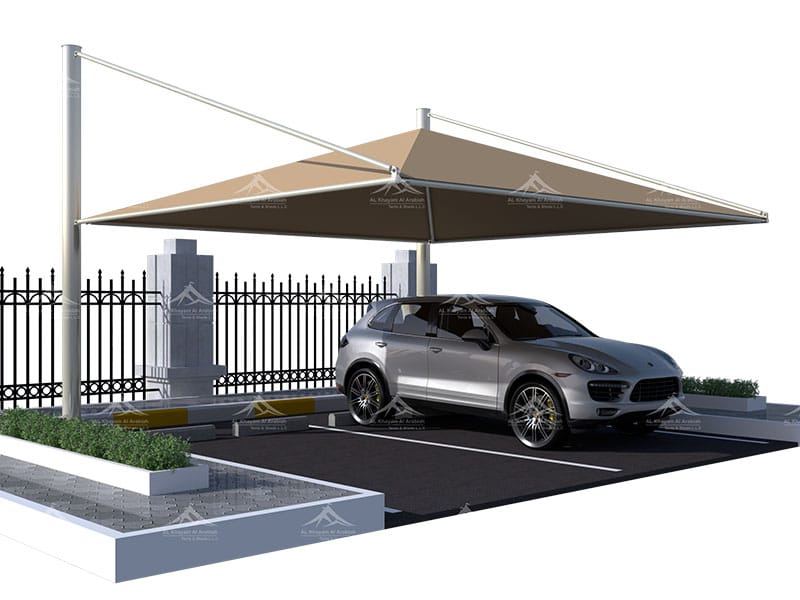 Pyramid top support car parking shades UAE - decorative pyramid-shaped tensile parking shade structure